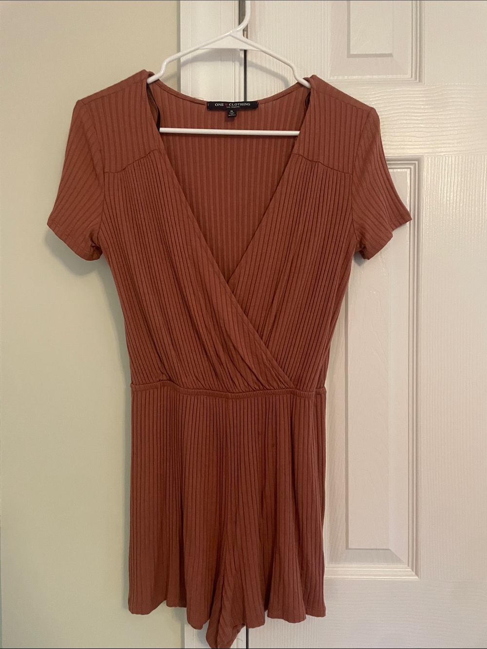 one clothing Rust Ribbed Short Sleeve Wrap Romper